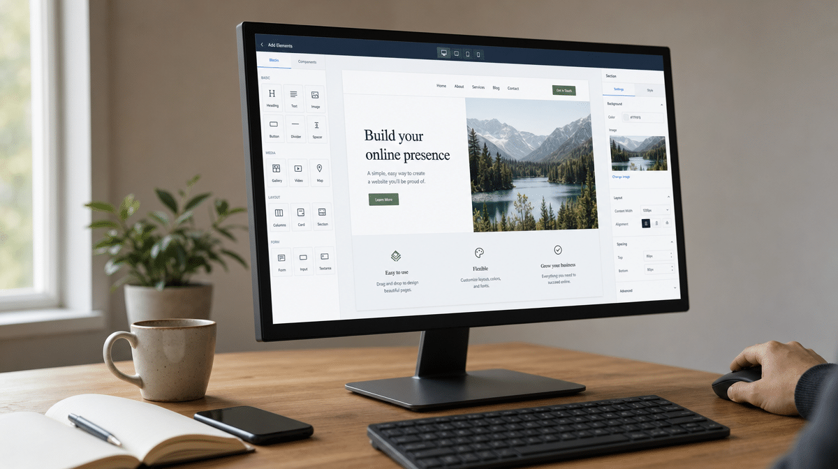 Drag-and-drop website editor displayed on a monitor beside a notebook and coffee mug