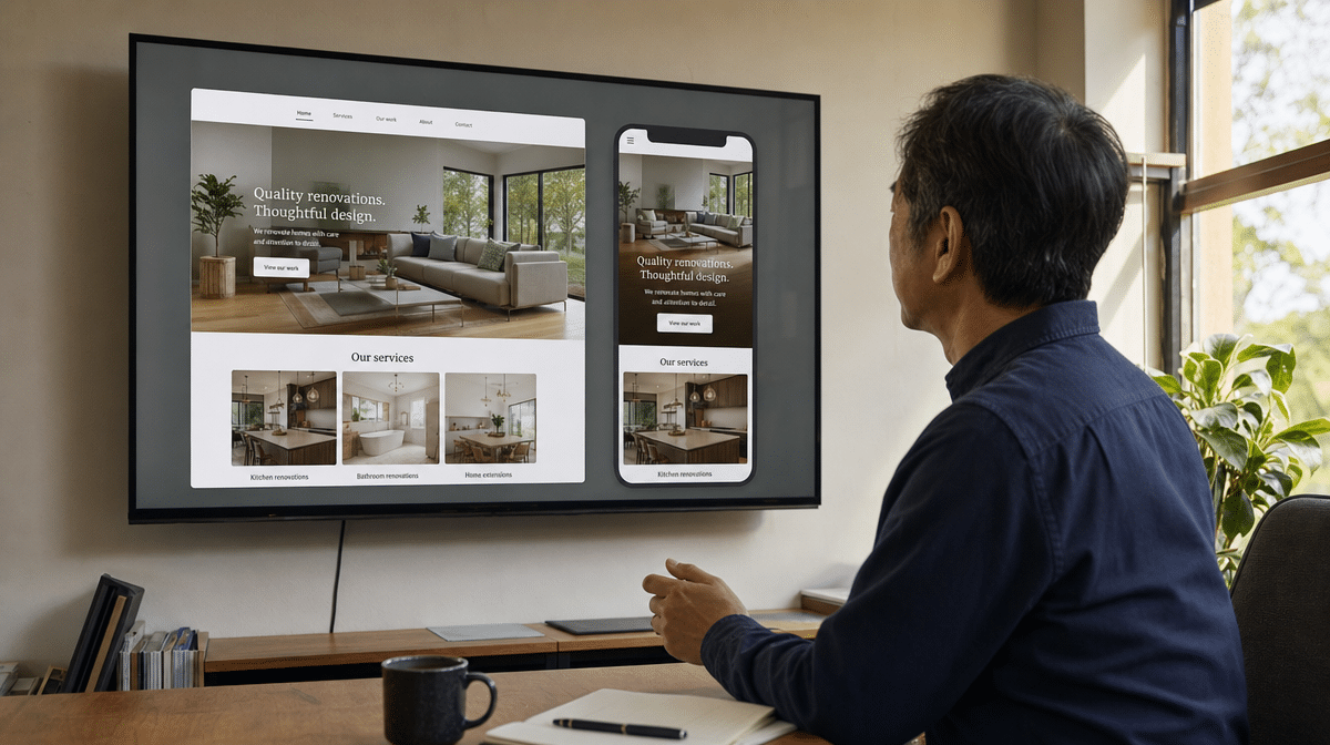 Small-business owner comparing desktop and mobile website previews on a large display