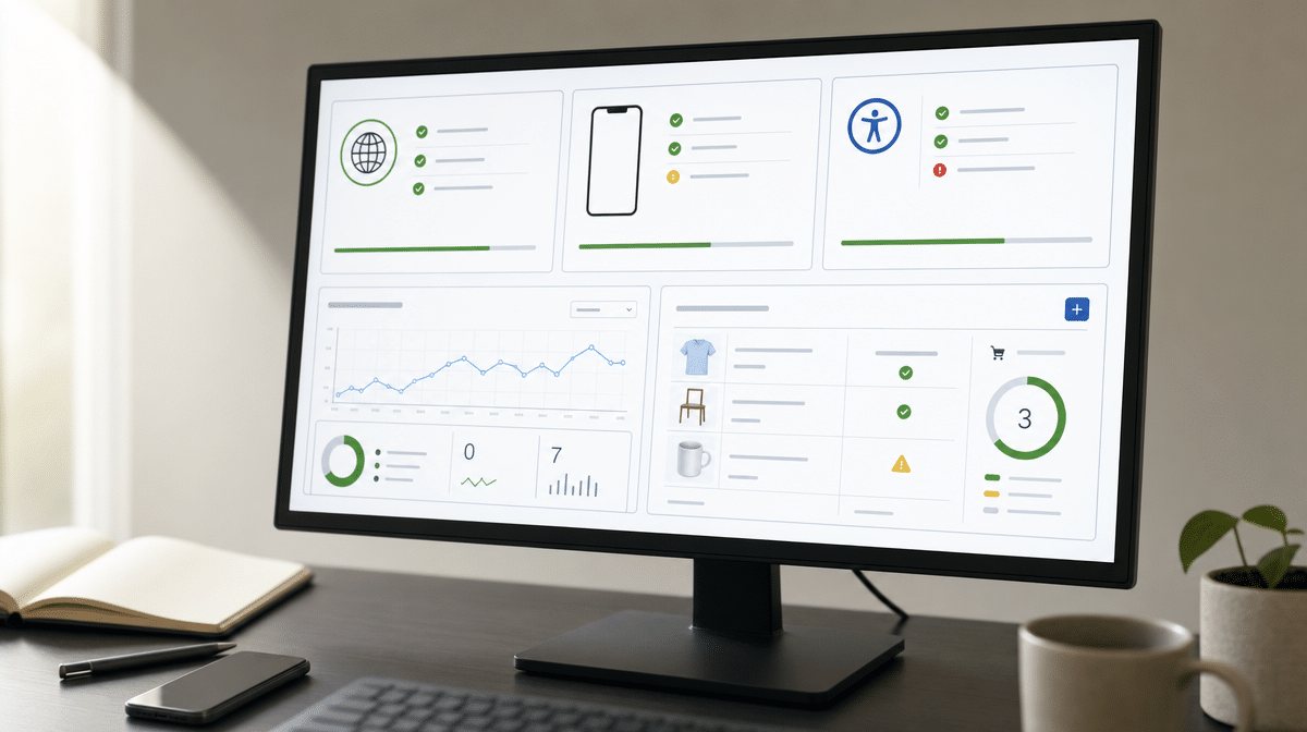 Website launch-readiness dashboard showing mobile, accessibility, analytics, domain, and ecommerce checks