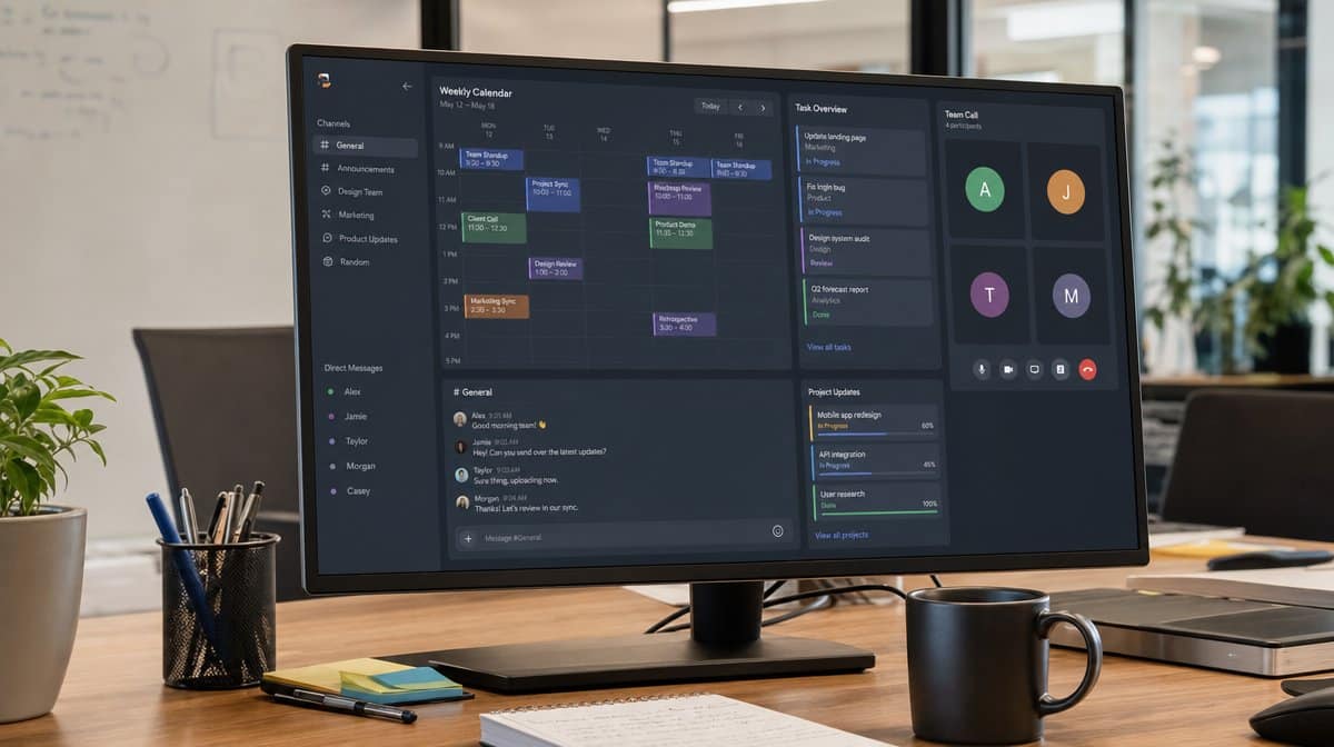 Monitor showing a virtual team check-in dashboard with task and calendar panels