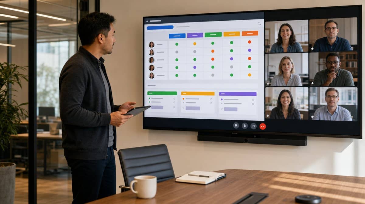 Team lead reviewing a role ownership dashboard with remote coworkers on screen