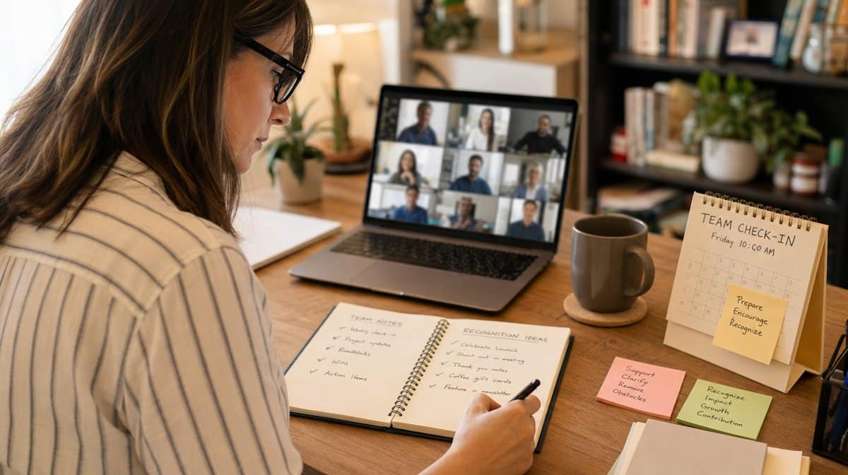 Manager preparing recognition notes before a virtual team meeting
