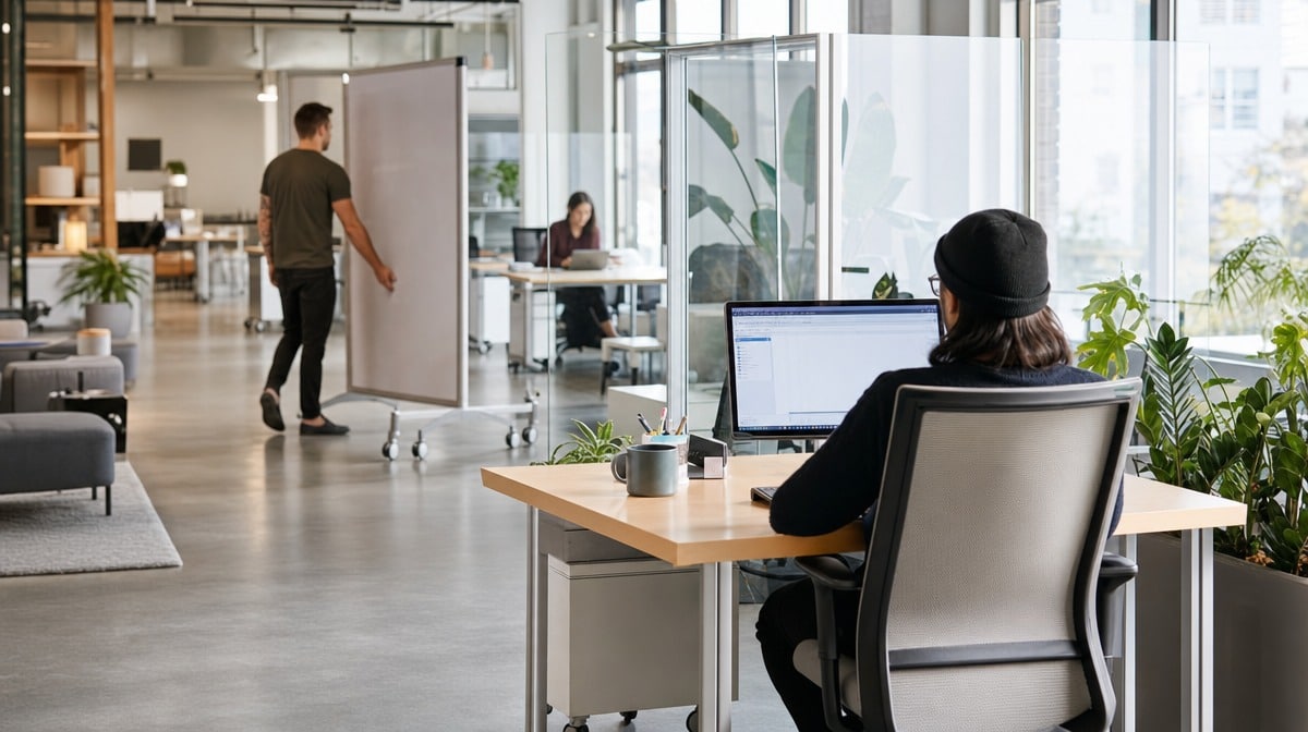 Modular office with movable furniture and glass partitions arranged for social distancing