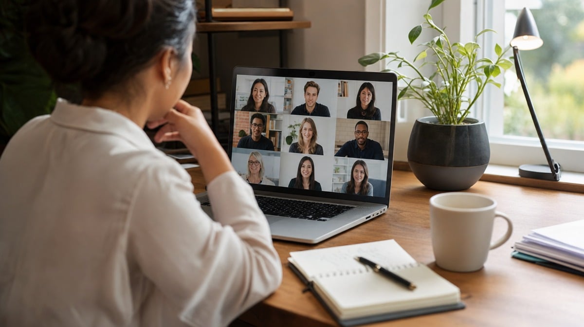 Employee taking part in a remote team video call while working from a home office desk