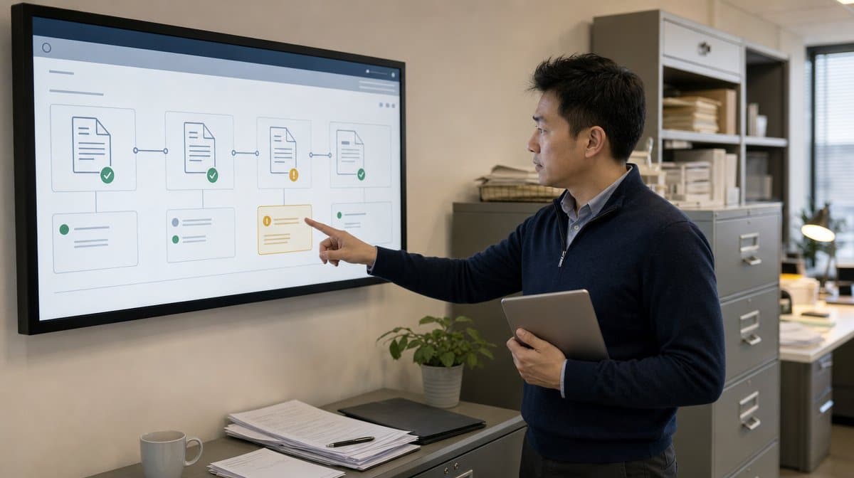 Accounts payable manager reviewing cash disbursement approvals on a wall dashboard