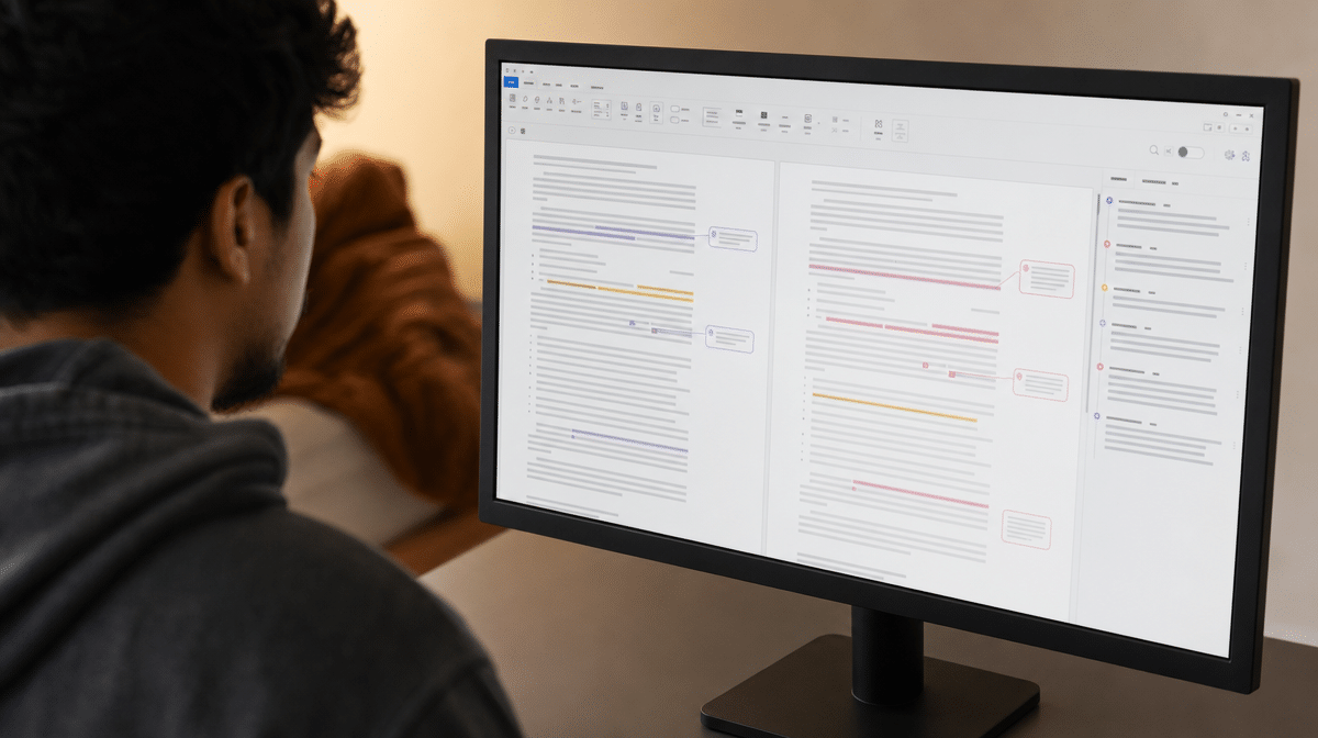 Writer comparing two tones in a business document on a real monitor