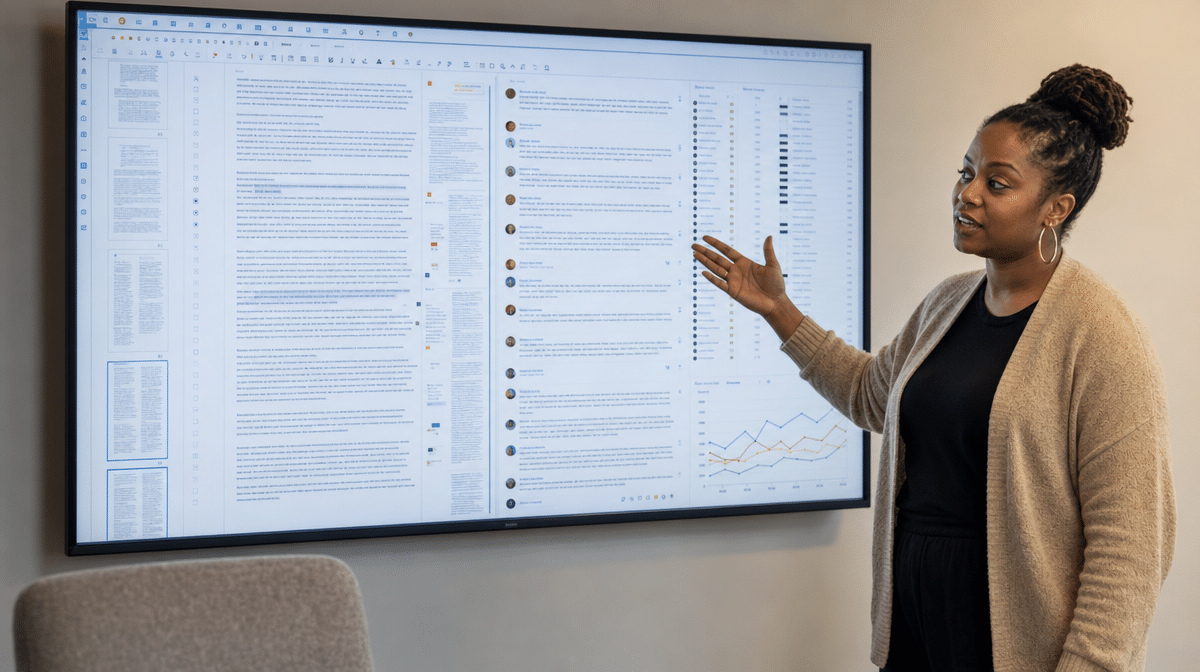Writer reviewing practice drafts and progress on a large office display