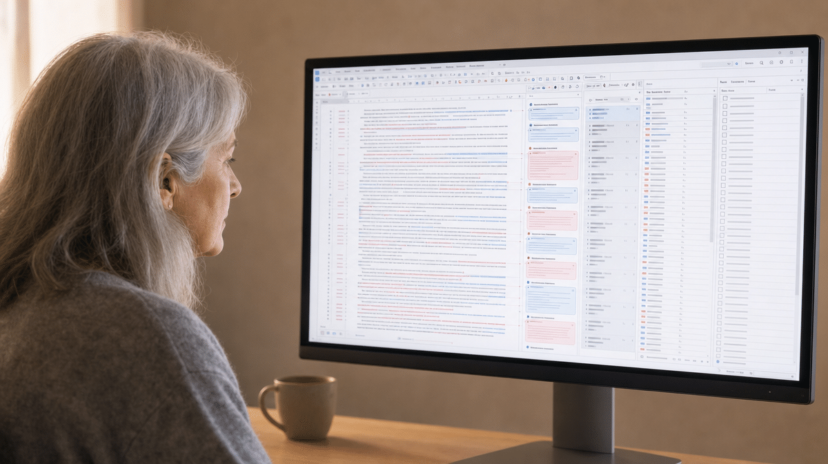 Experienced editor reviewing revision history and an editing checklist