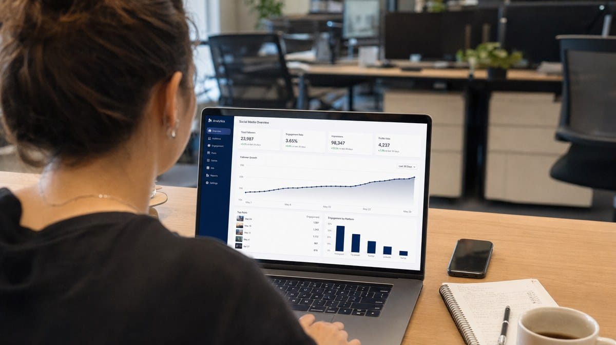 Marketer reviewing a social media analytics dashboard on a laptop in an office