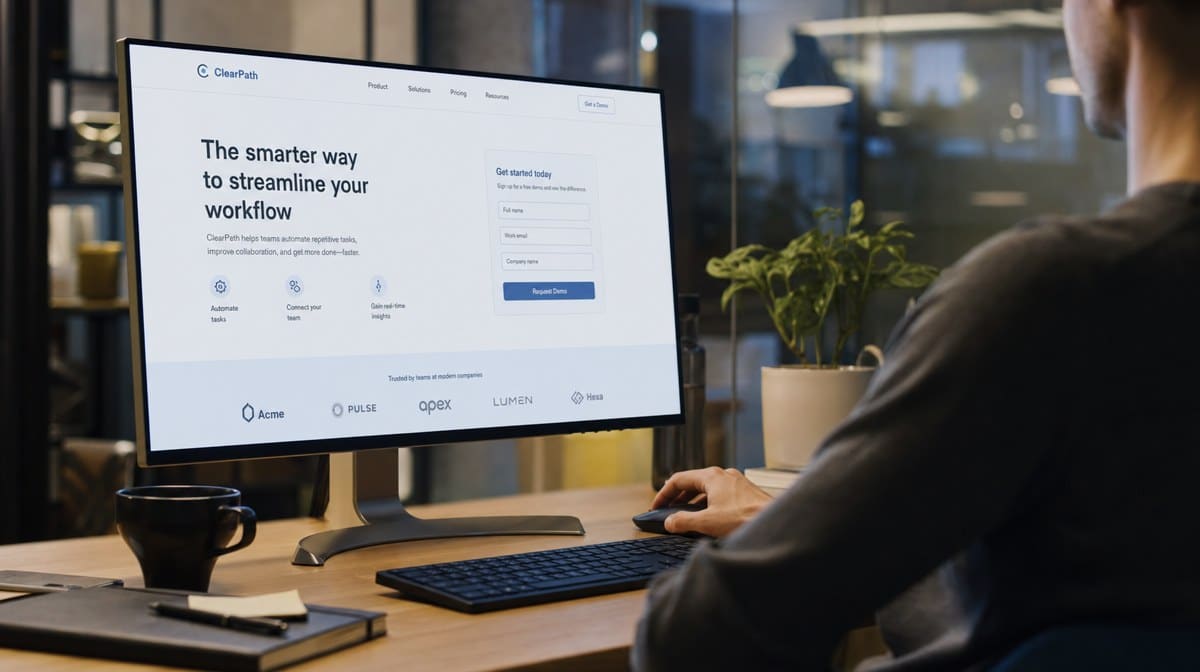 Specialist reviewing a website landing page and signup form on a desk monitor