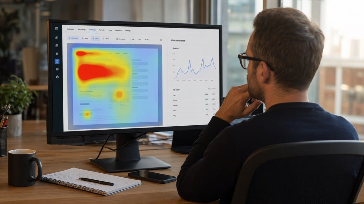 Analyst studying a website heatmap and visitor behavior dashboard on a monitor