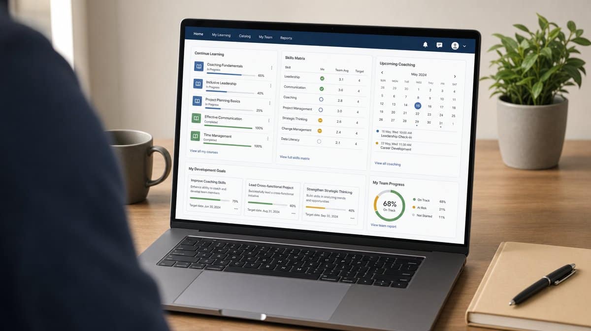 Employee learning portal showing course progress and skill development plans
