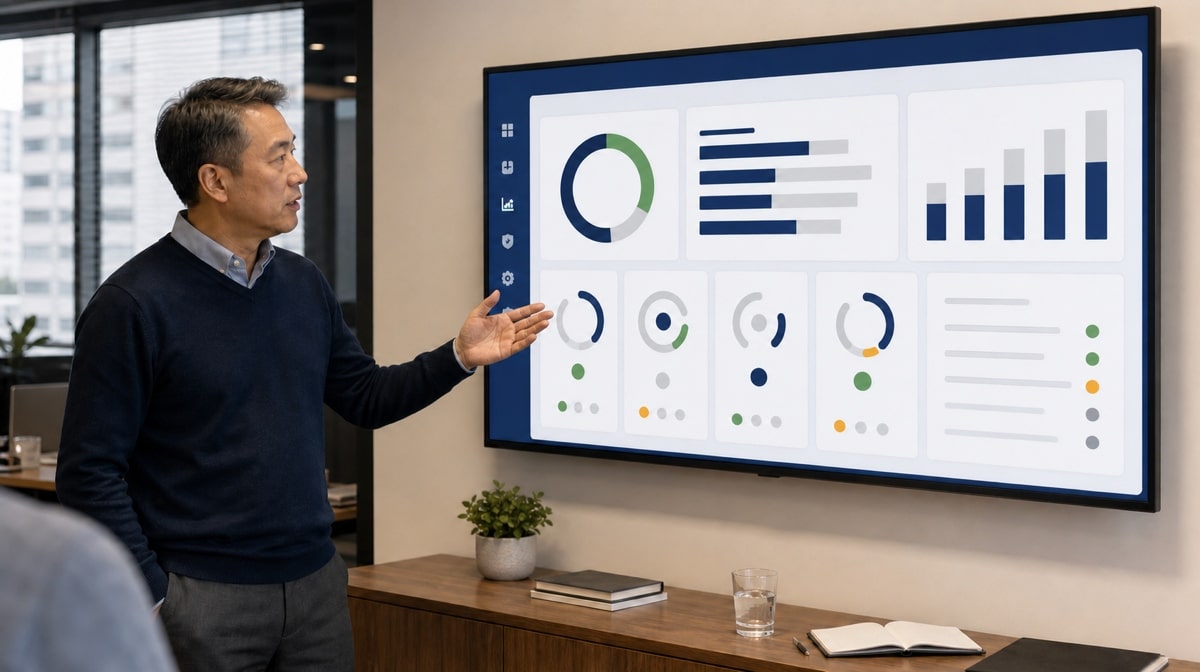 Benefits manager reviewing employee financial support options on an office dashboard