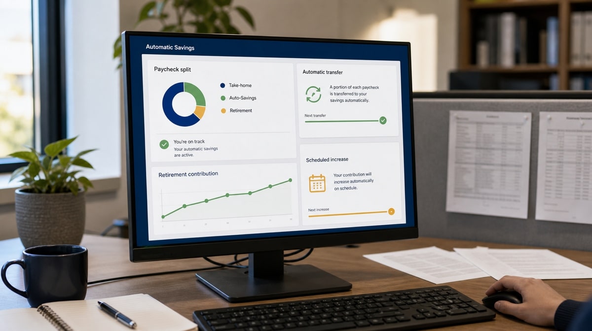 Payroll savings dashboard showing automatic transfers and retirement contribution increases