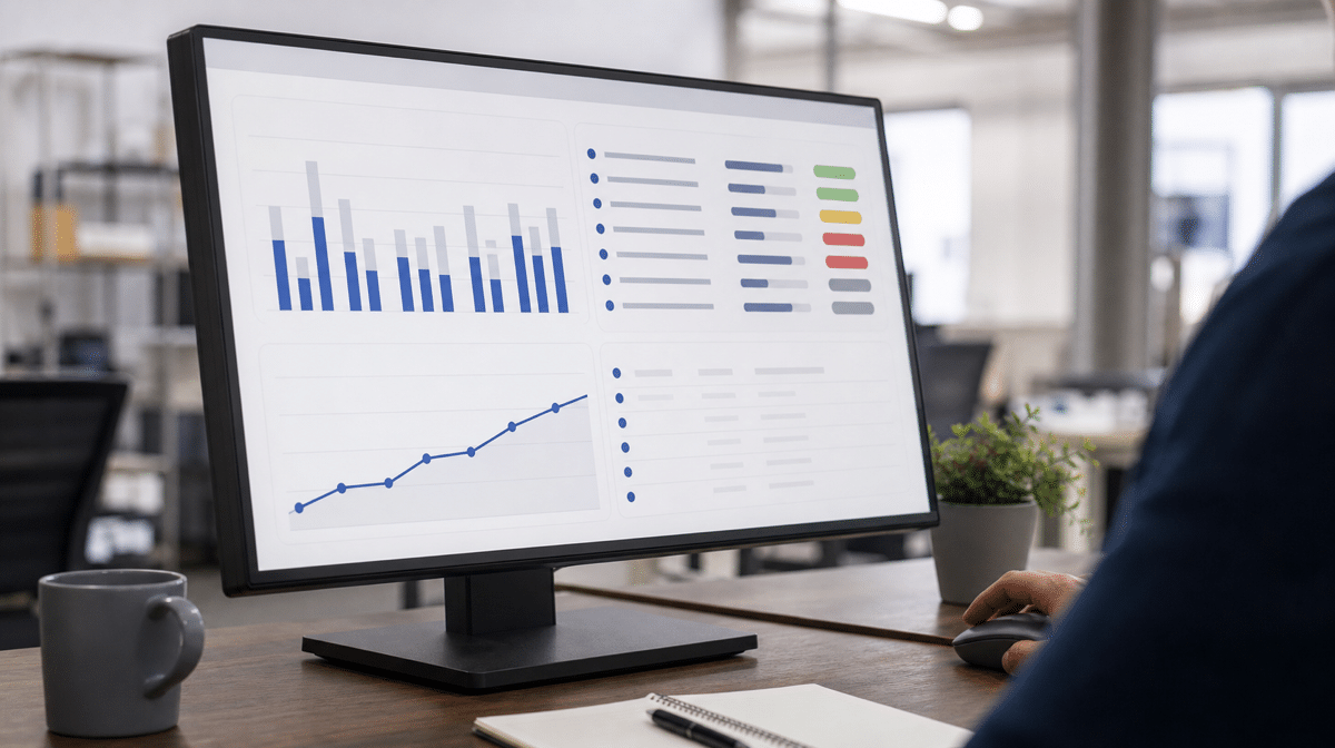 Employee reviews a monthly Kaizen improvement tracking dashboard.