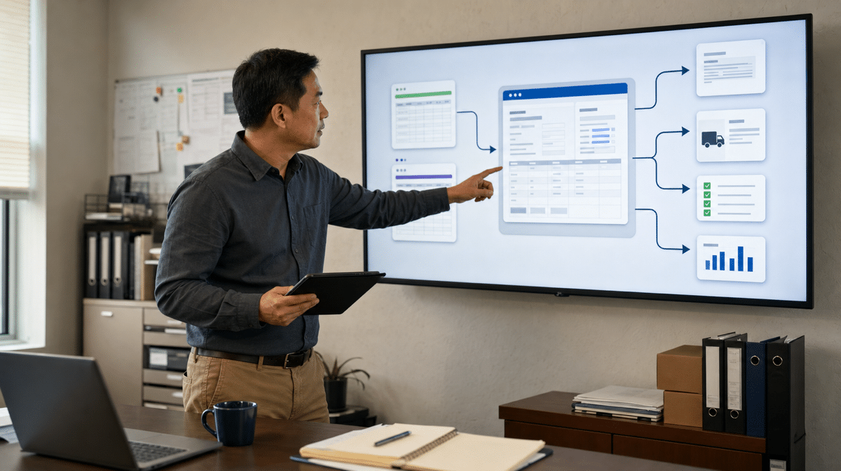 Manager explains a streamlined purchase order process on an office display.