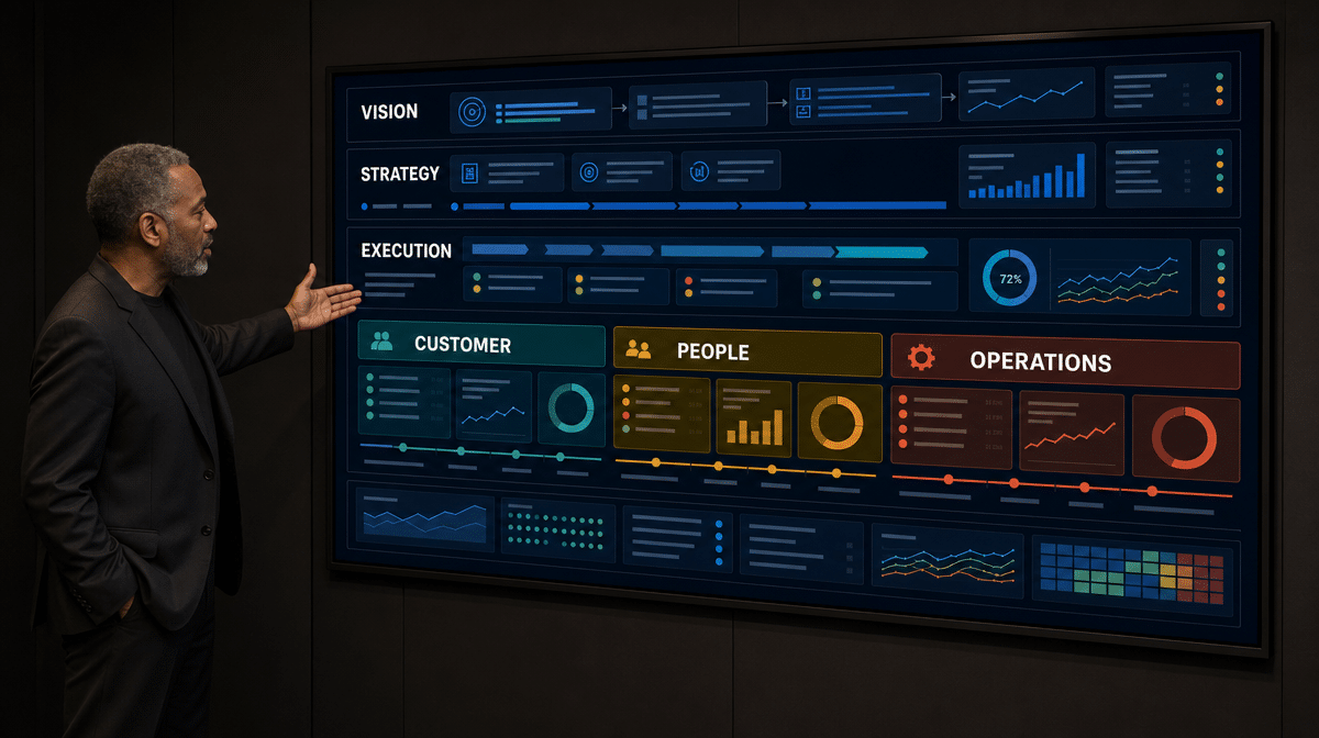 Executive presenting a vision, strategy, and execution plan