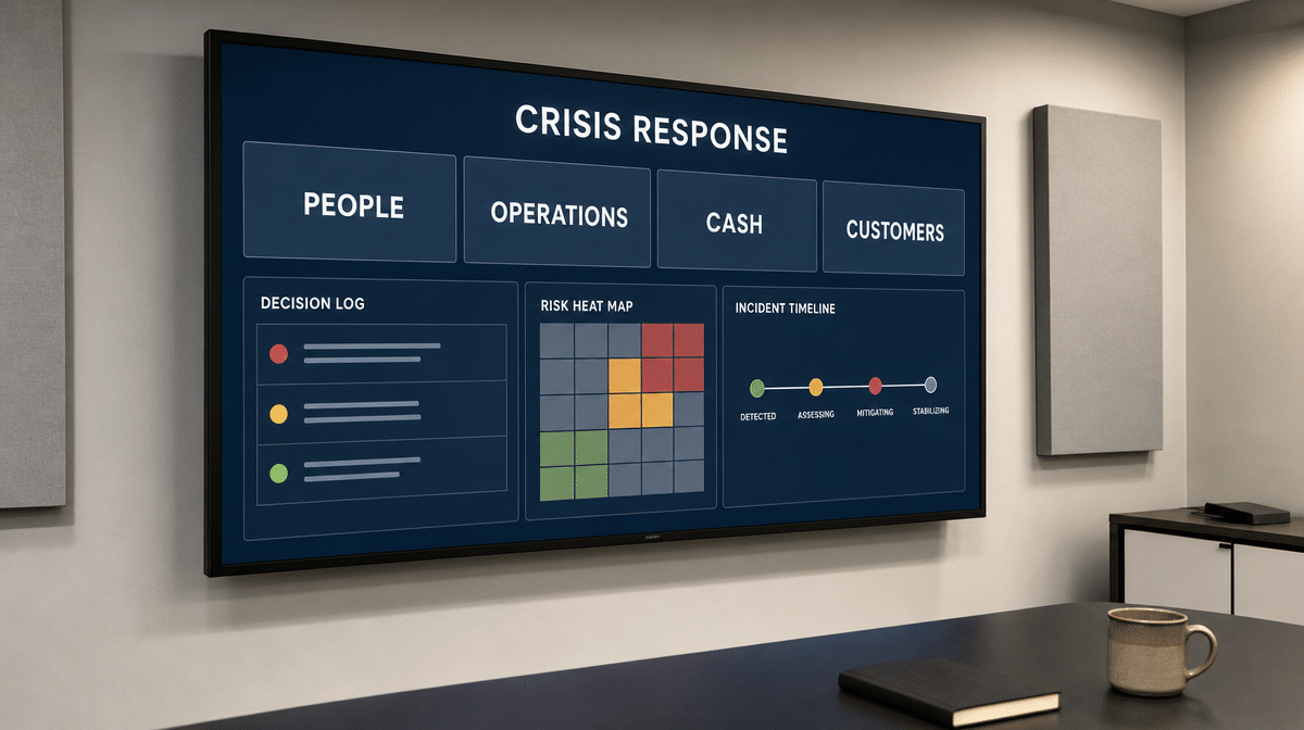 Crisis response dashboard tracking people, operations, cash, and customers