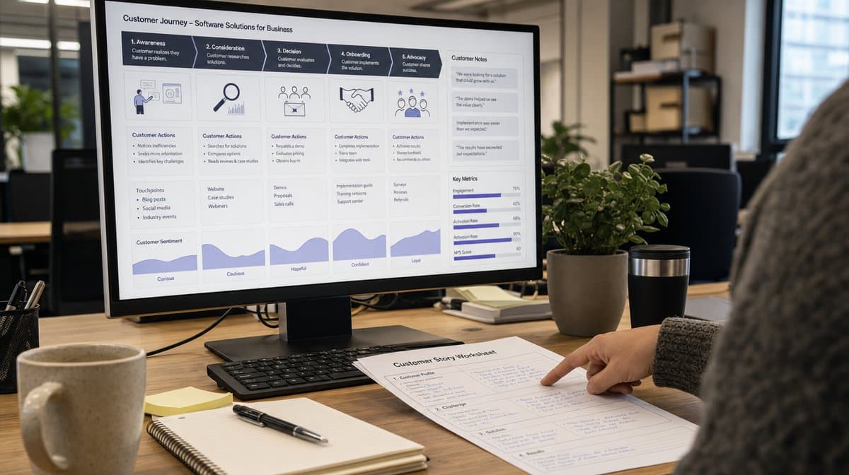 Customer journey dashboard used to explain visual customer storytelling in a marketing plan