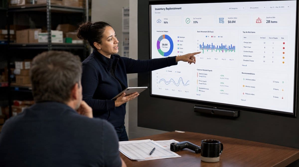 Operations dashboard showing inventory replenishment and customer demand signals