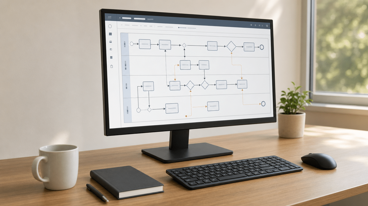 Process mapping workspace showing swim lanes, decisions, and handoffs
