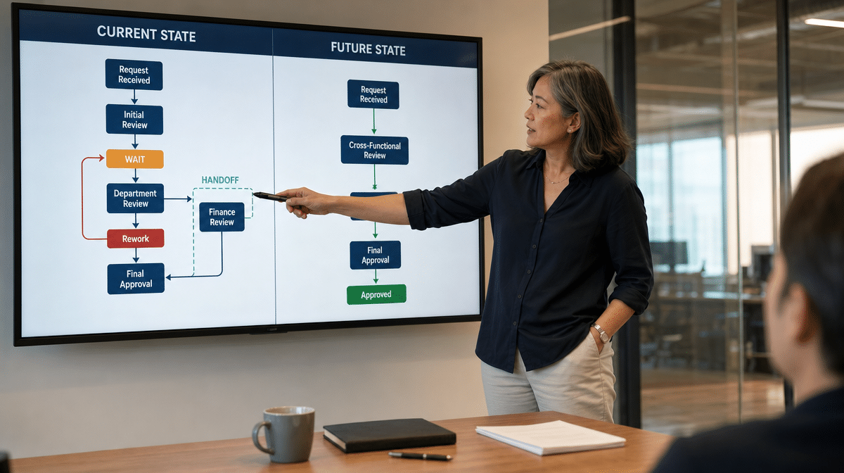 Change leader comparing current-state and future-state process maps