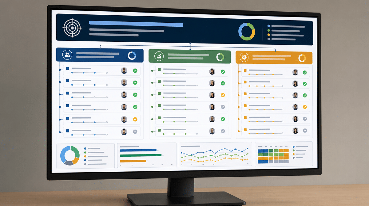 Strategic execution dashboard connects business objectives to strategies and tactics