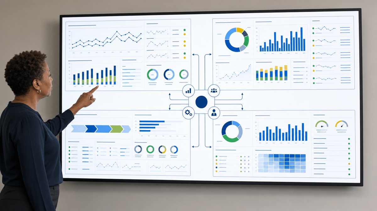 Manager reviews a balanced scorecard linking financial customer process and learning goals