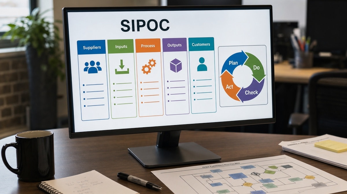 Process mapping dashboard showing SIPOC columns and a PDCA cycle for SOP planning