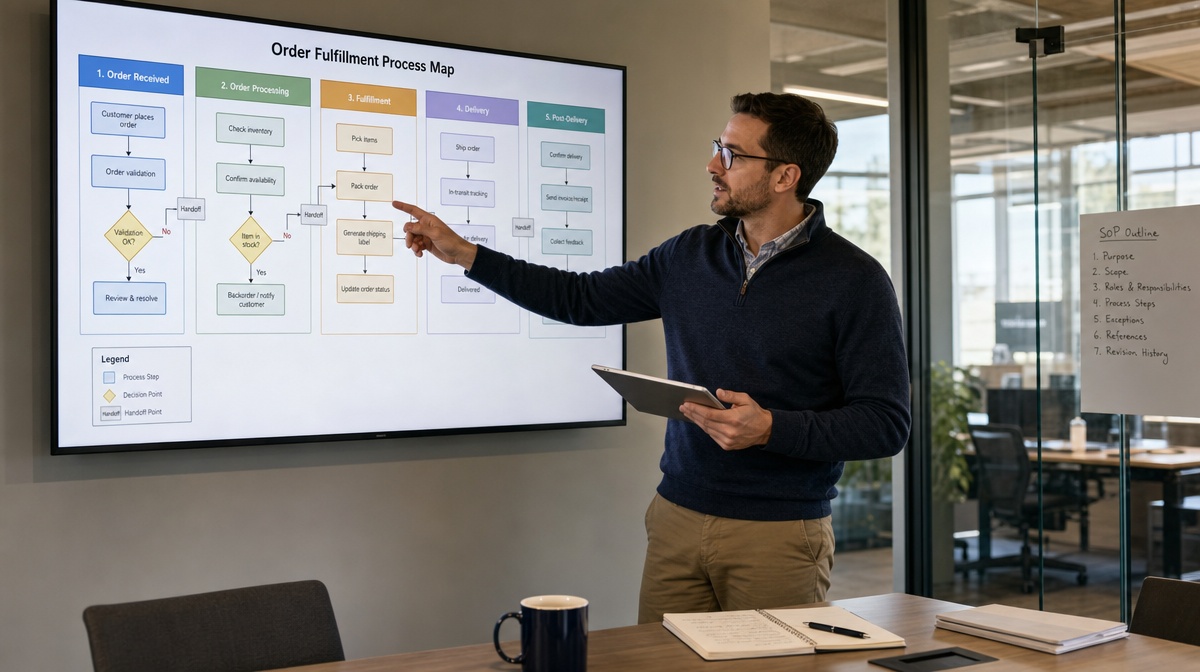 Process manager reviewing a workflow map before writing SOP steps