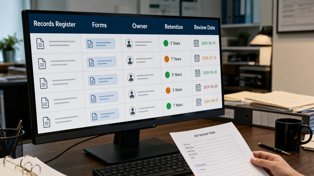 Records register dashboard showing forms, owners, retention rules, and review dates