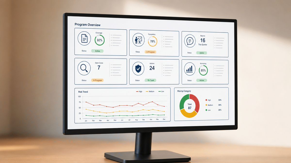 Compliance dashboard showing policies, training, reporting, investigations, and monitoring