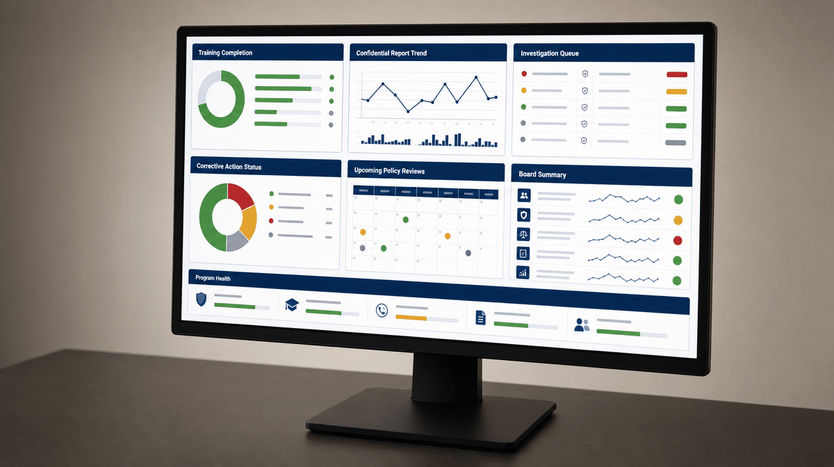 Ethics program dashboard tracking training, reports, investigations, and corrective actions