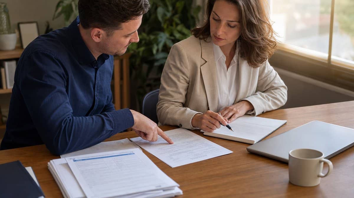 Two colleagues at a desk reviewing customer requirements and feedback forms