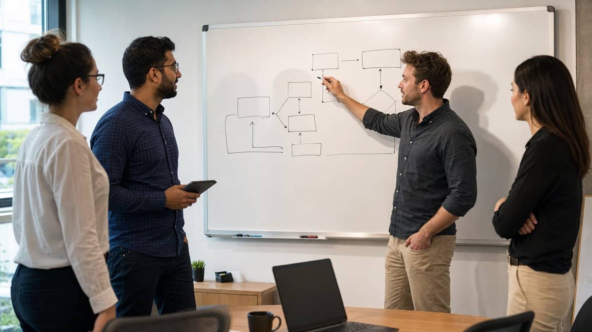 Cross-functional team discussing a quality process at an office whiteboard