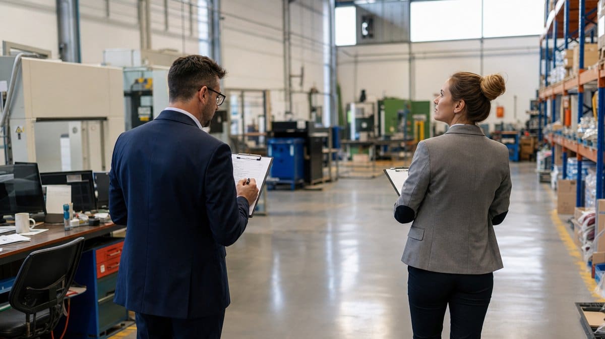 Two auditors reviewing a checklist on a clean manufacturing shop floor