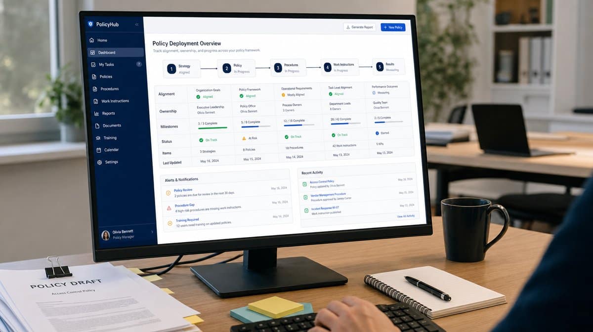 Policy deployment dashboard showing strategy policies procedures work instructions and results