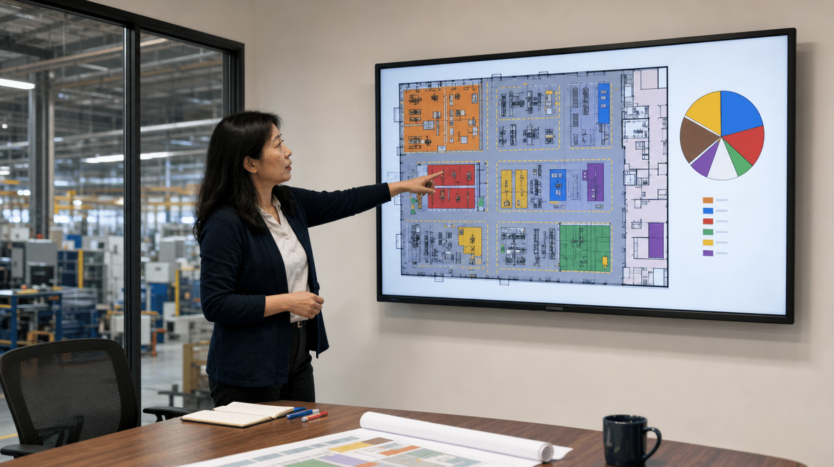 Facilities manager reviewing a color-coded factory space utilization dashboard