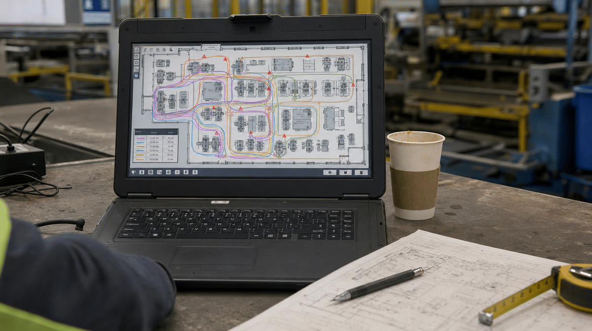 Material flow screen tracing travel paths and stops across a factory floor plan