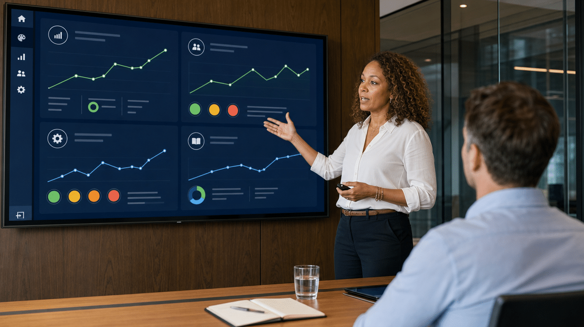 Business leader presenting the four balanced scorecard perspectives on a display