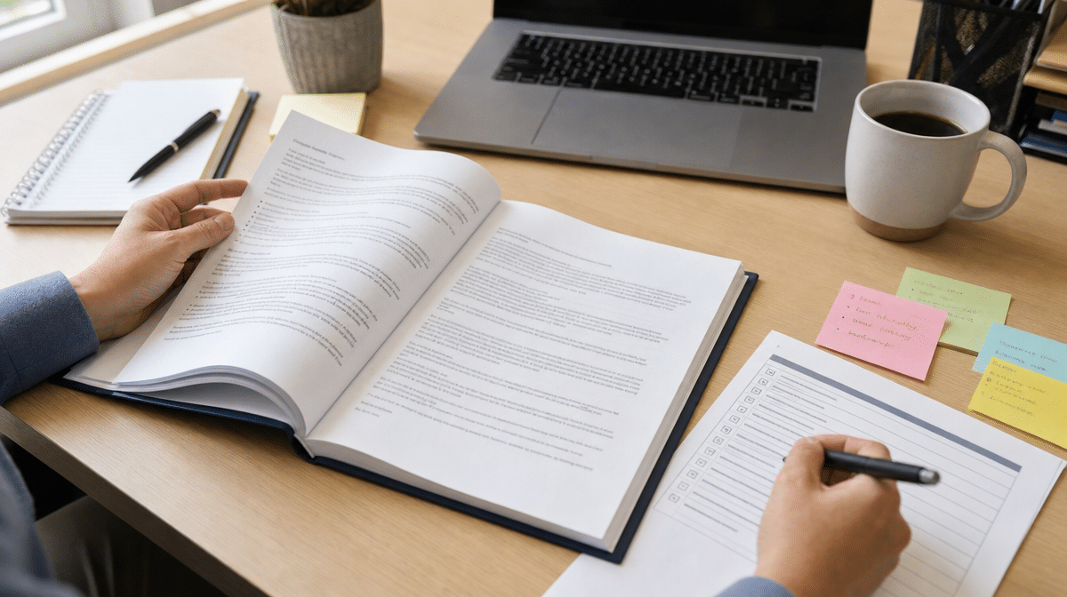 Laptop showing employee handbook policy sections beside a printed draft