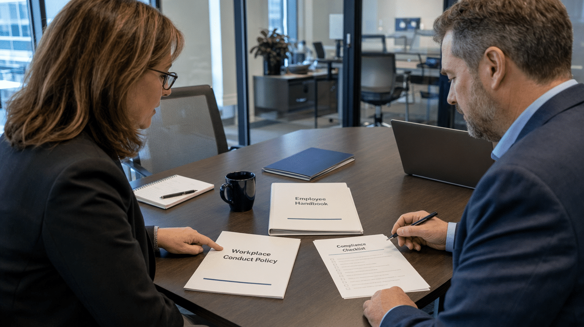 HR manager reviewing a workplace policy packet in a conference room