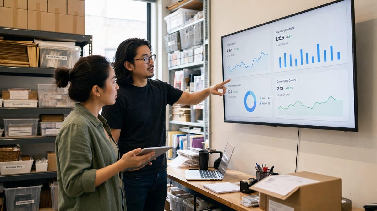 Small business team reviewing an online presence dashboard in a retail back office