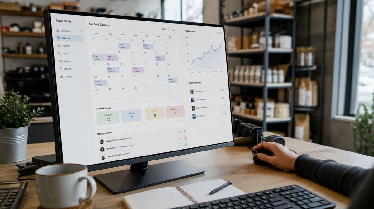 Laptop showing a social media content calendar and customer engagement dashboard