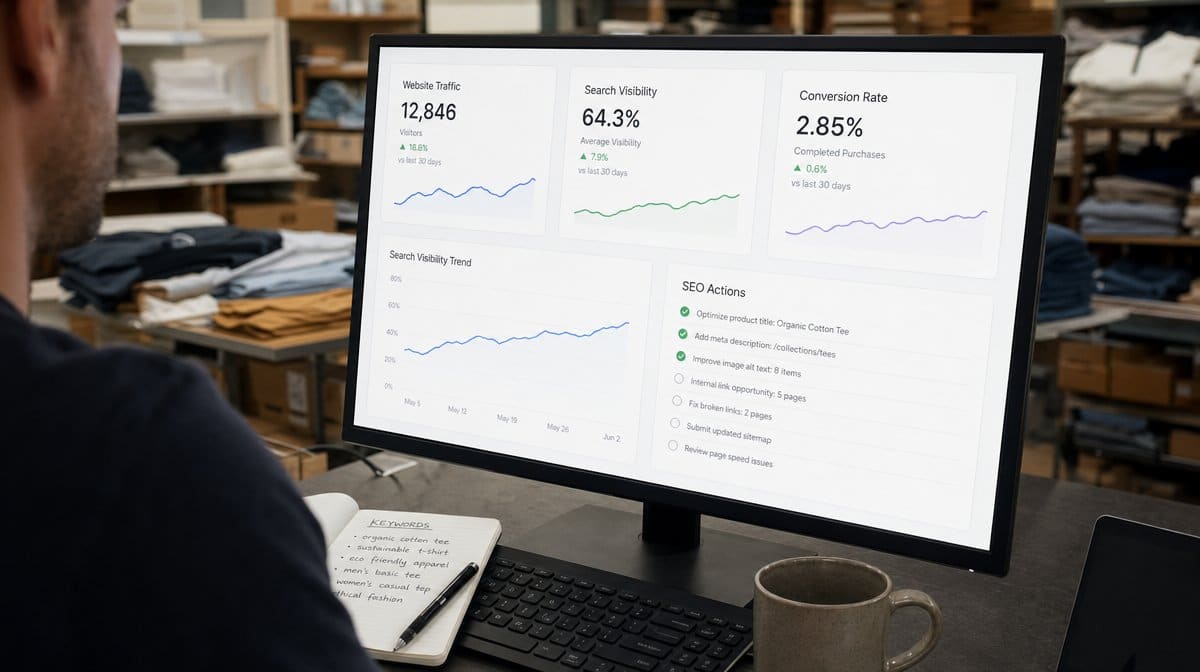 Website optimization dashboard showing traffic search visibility and conversion metrics