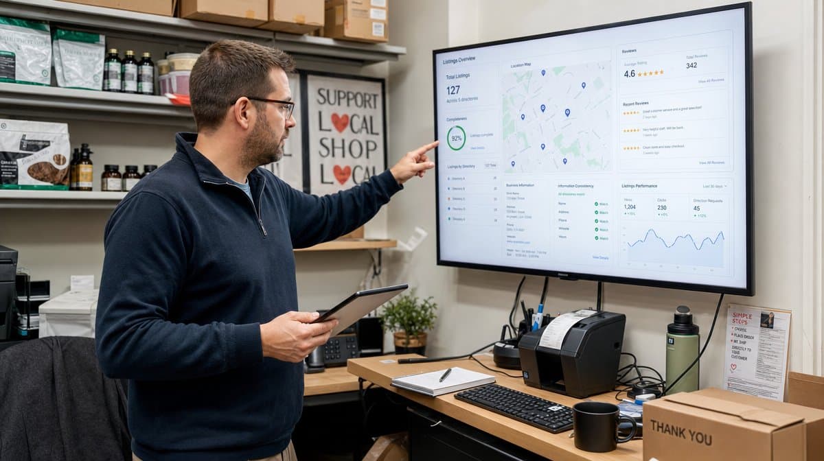 Business owner reviewing local directory listings and customer reviews on a dashboard