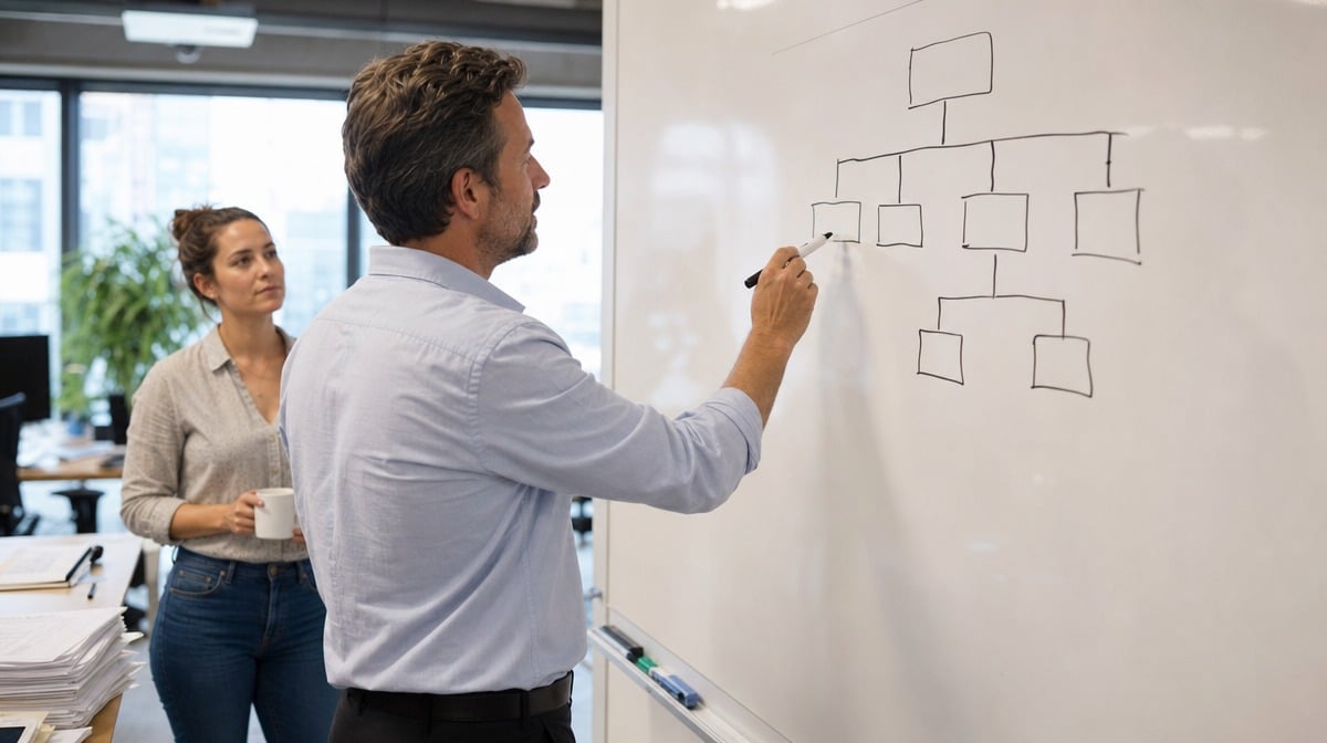 Manager sketching a reporting hierarchy and span of control on an office whiteboard