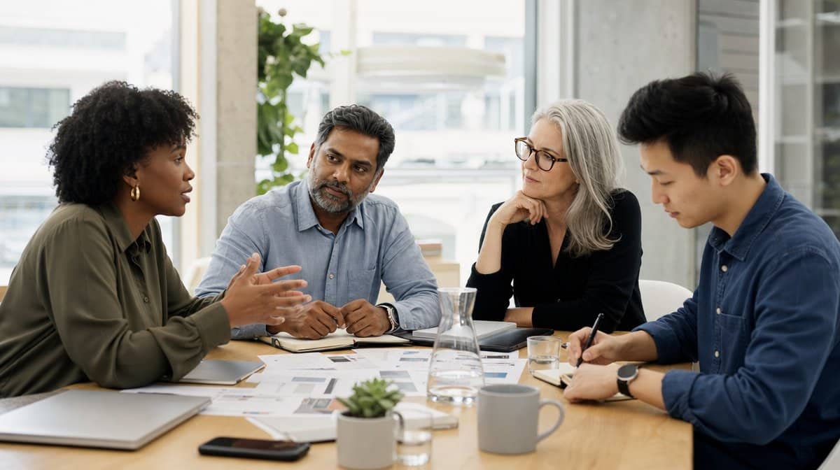 Flat cross-functional team of four colleagues collaborating as equals around a table