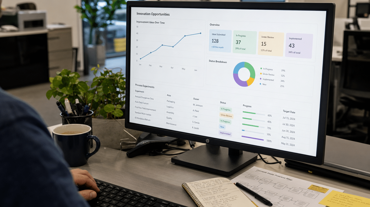 Innovation opportunity dashboard on an office monitor