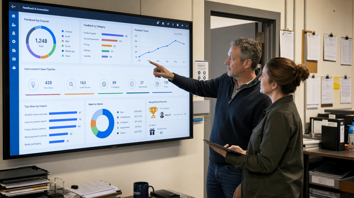 Managers reviewing customer feedback and innovation metrics